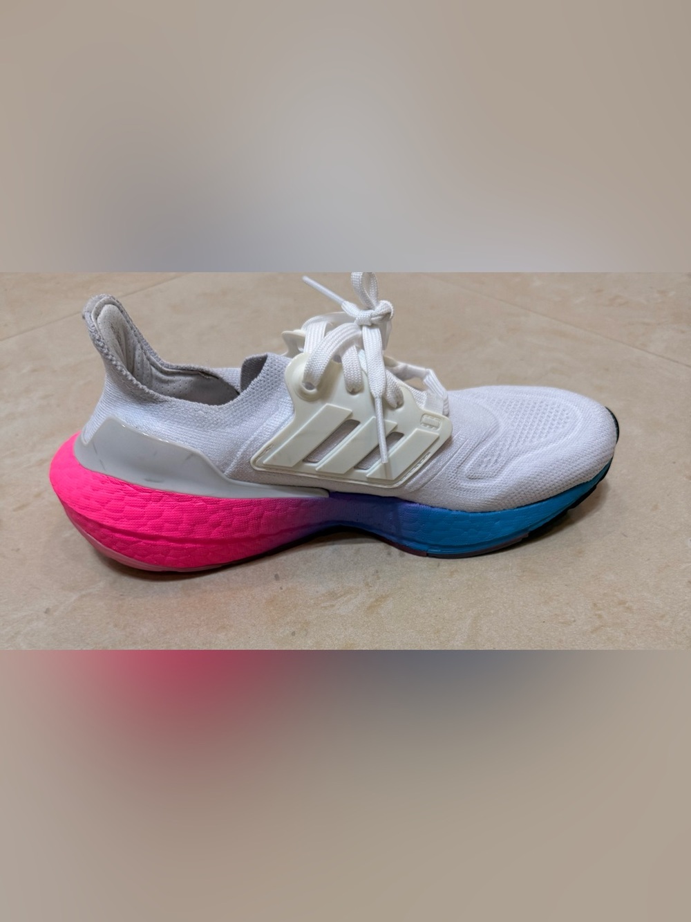 Adidas   White Knit Women's Running Shoe with Pink & Blue Gradient Sole US:6”
